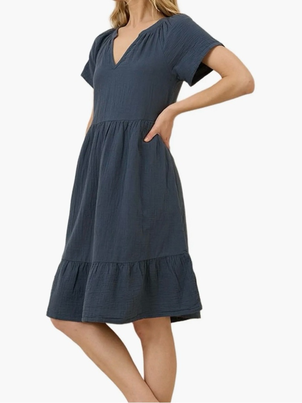 Pact Women's Slate Blue V-Neck Tiered Cotton Dress - Picture 4 of 7